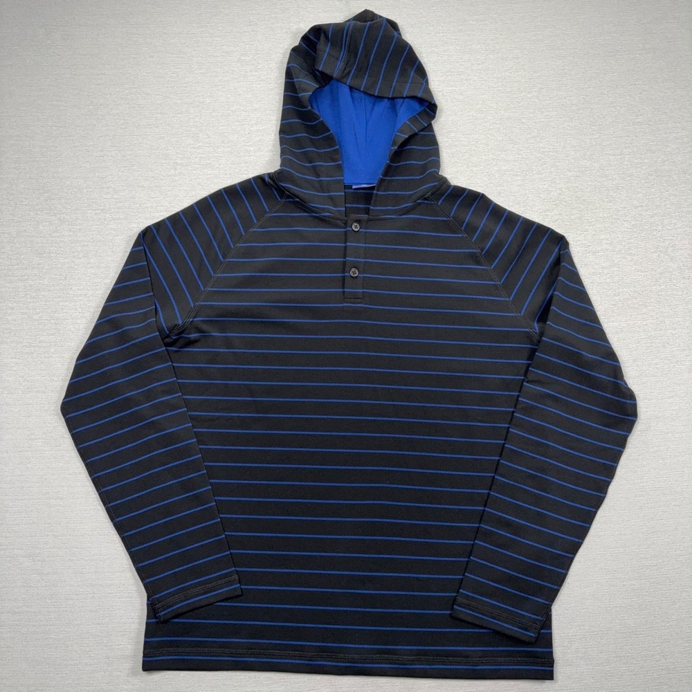 FootJoy Striped Golf Hoodie Mens Size M Black Blue Long Sleeve Pullover